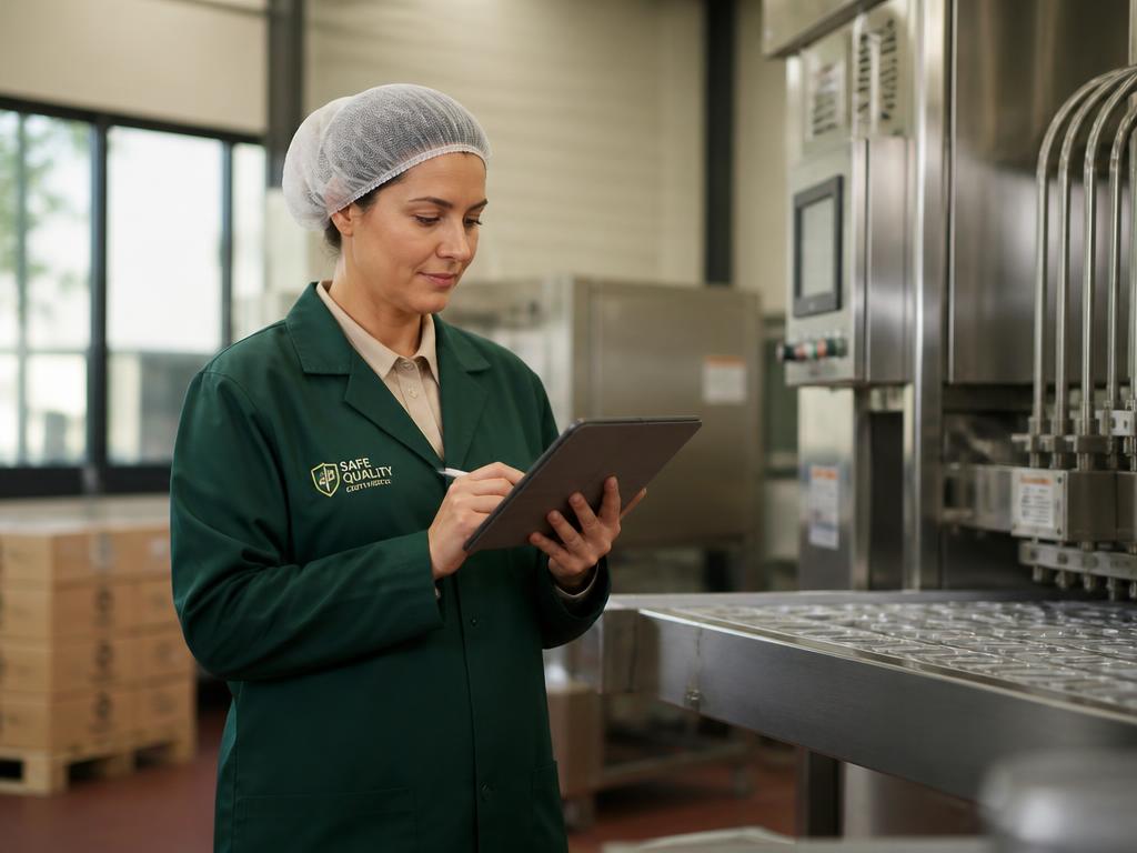 Food safety compliance specialist reviewing FDA documentation on a tablet in a food production facility